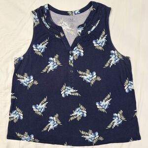 Croft Barrow Size XL Blue Floral Sleeveless Women Casual Tank Top V Neck Buttons